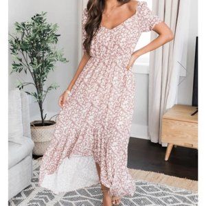 Pink Lily "Too Cool For You Floral Maxi Dress" Taupe - Medium